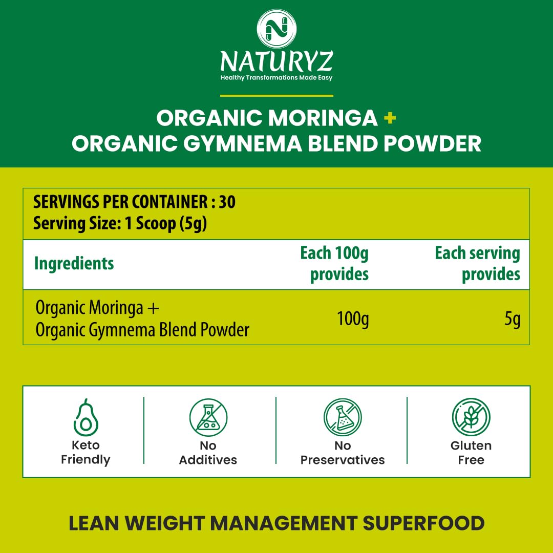 NATURYZ Organic Moringa +Gymnema ( Gudmar) Powder leaves for Lean Weight Management | Supports Blood Sugar Control, Reduces Cravings & Enhances Metabolism | Energy | Detox | Immunity | USDA Organic Certified | Pesticides & Chemical-Free - 150g