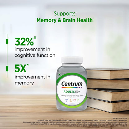 Centrum Adult 50+, World's No.1 Multivitamin with Calcium, Vitamin D3 & 21 other Nutrients for Overall Health, Strong Joints & Heart Health (Veg) 30 Tablets