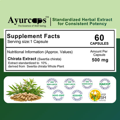 Ayurcaps Chirata Capsules 500mg, Chirayata Whole Plant Extract With 10% Bitter, Supports Liver Health, Digestion And Natural Detox, Supports Blood Purification And Immune Wellness, 60 Veg Capsules