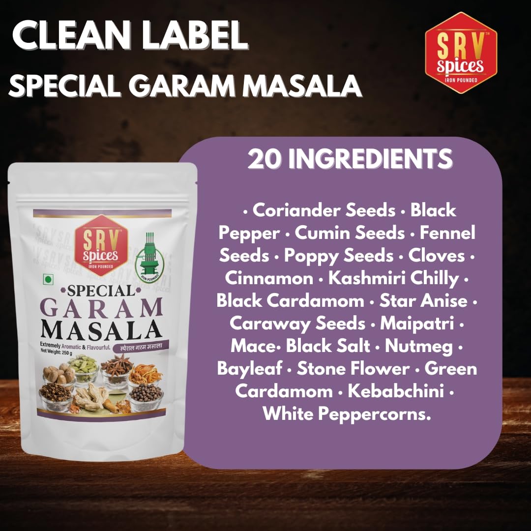 SRV Spices Special Garam Masala | Strong & Aromatic Khada Masala Blend | Iron Pounded All-Rounder Masala | Reusable Pouch Packaging (250g)