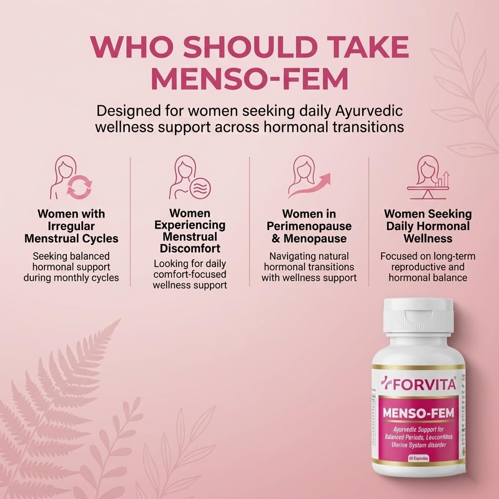 FORVITA Menso-Fem Ayurvedic Women's Wellness Capsules| Hormonal Balance Support for Women | Menstrual Cycle & PMS Support with Ashoka & Shatavari | 10:1 Herbal Extract | Menopause & Perimenopause Wellness| 60 Capsule