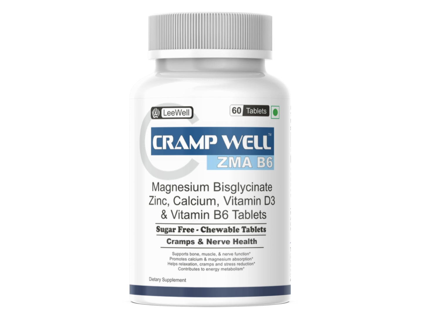 Crampwell ZMA B6 Magnesium glycinate, Zinc, Calcium, Vitamin D3 & B6 Tablets | Sugar Free Chewable | for Bone, Muscle Cramps & Nerve Health support - 60 Tablets