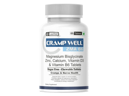 Crampwell ZMA B6 Magnesium glycinate, Zinc, Calcium, Vitamin D3 & B6 Tablets | Sugar Free Chewable | for Bone, Muscle Cramps & Nerve Health support - 60 Tablets