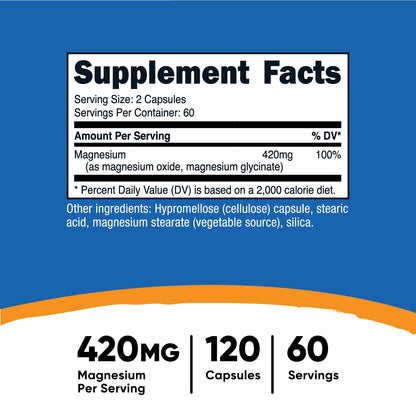 Nutricost Magnesium Glycinate 420mg, 120 Capsules - 60 Servings, Non-GMO, Gluten Free, Vegetarian Friendly