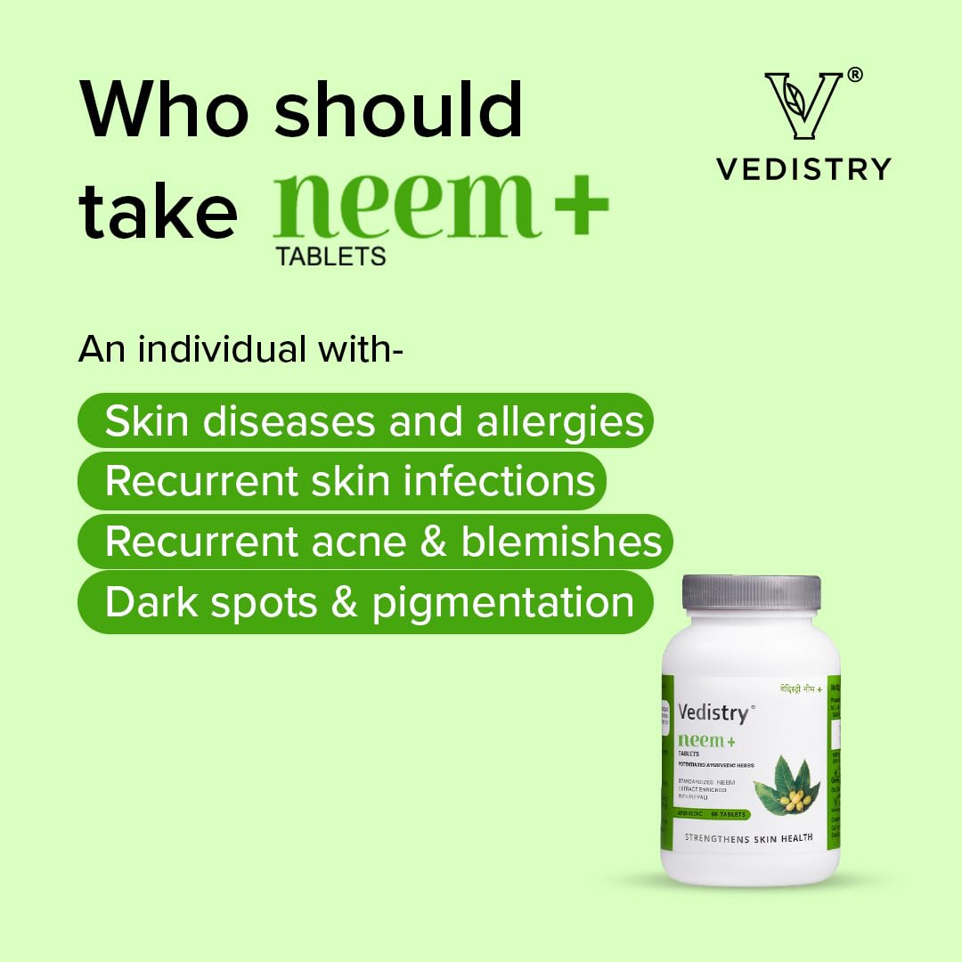 Vedistry Neem+ Tablets | Promotes Skin Health | Control Acne, dark spot & Blemishes | Natural Blood Purifier (60 Tablets in one bottle)