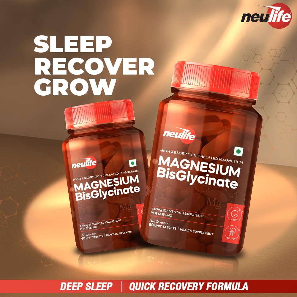 Neulife Magnesium Bisglycinate 440 mg Supplement | High Absorption-High Potency Formula | Supports Sleep, Recovers Muscles | (60tabs)