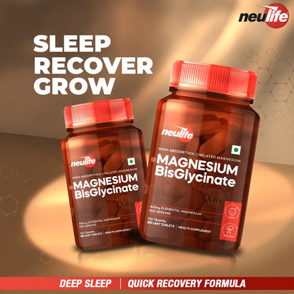 Neulife Magnesium Bisglycinate 440 mg Supplement | High Absorption-High Potency Formula | Supports Sleep, Recovers Muscles | (60tabs)