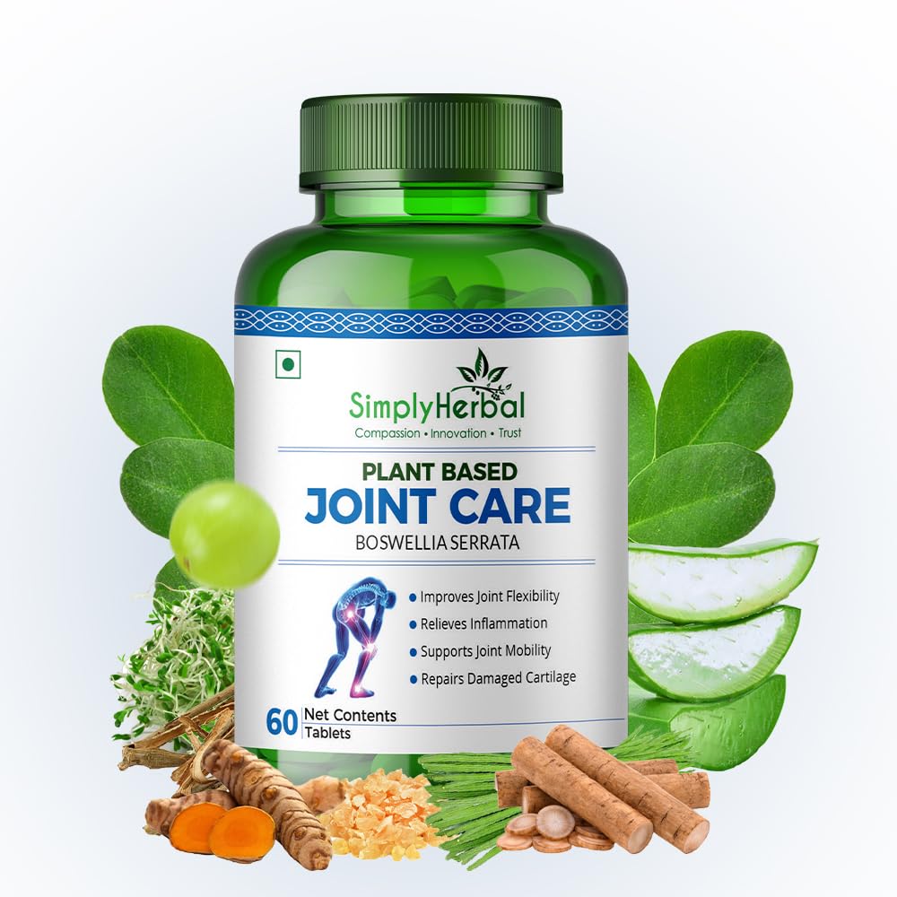 Simply Herbal Plant Based Joint Care Tablets for Joint Support, Strong Bones & Relives Joint Pain Supplement | Moringa, Boswellia Serrata, Eucalyptus, Green Amla, Green Turmeric, Alfalfa, Aloe Vera (60 Tablets)