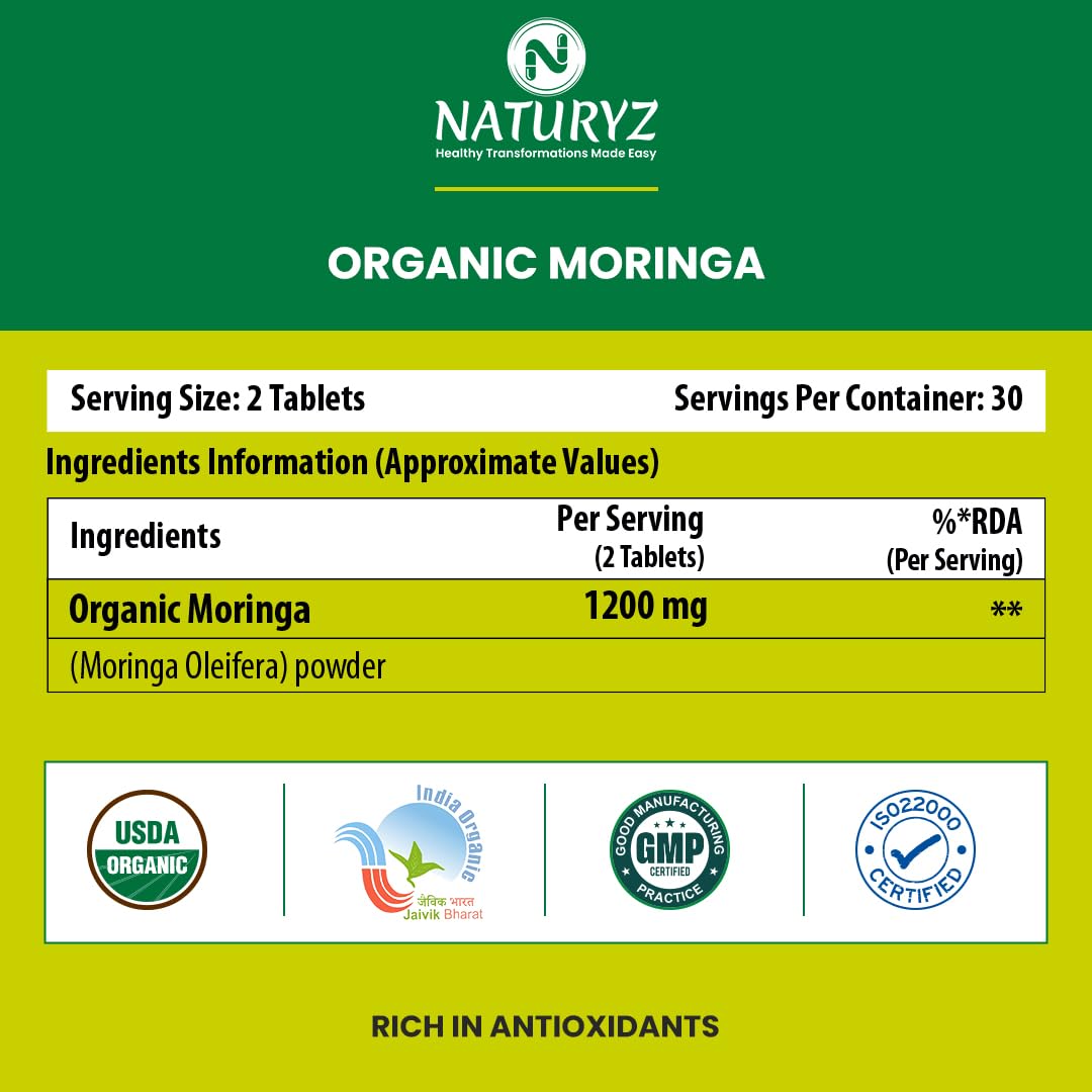 NATURYZ Organic Moringa Highest Strength 1200mg tablets | Supports Energy, Vitality, Detox, Metabolism & Immunity in Men & Women | Non-GMO, Vegan, Gluten-Free | USDA Organic Certified | Pesticides & Chemical Free – 60 Veg tablets