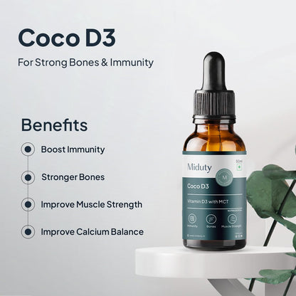 Miduty Coco D3 + K2 Vitamin D3 Oral Solution 600 IU | Cholecalciferol Drops with MK-7 | Supports Strong Bones, Muscles, Joints & Immunity | Enhances Calcium Absorption | 30 ml