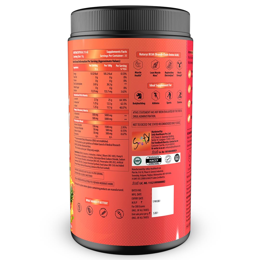 NATURYZ Instantized BCAA 5000 PRO |5G Vegan BCAAs | Glutamine | Citrulline | Electrolytes | 0 Added Sugar | Powerful Intra Workout Amino for Lean Muscle Growth, Strength, Quick Re-Hydration & Instant Energy - 300g(Mix Fruit Cocktail)
