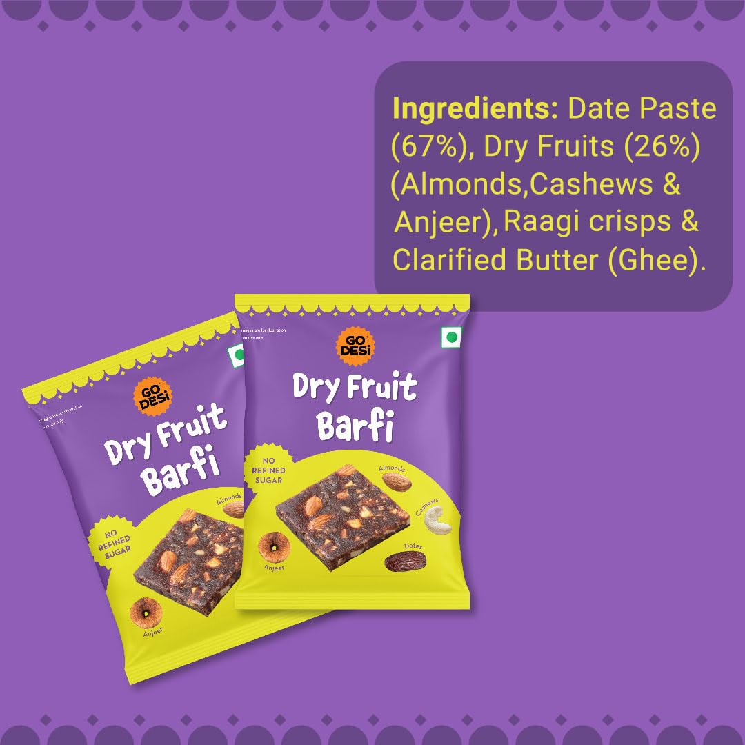 GO DESi Dates Dry Fruit Barfi - Pack of 6 | 93% Dry Fruits | No Added Sugar | Sweets | Burfi