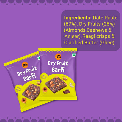 GO DESi Dates Dry Fruit Barfi - Pack of 6 | 93% Dry Fruits | No Added Sugar | Sweets | Burfi