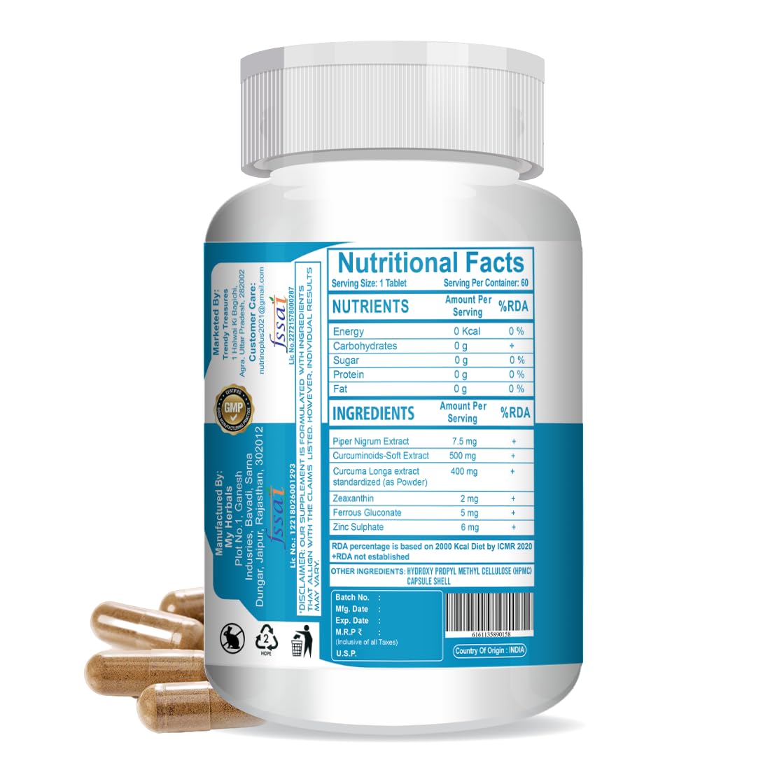 Nutrinoplus Curcumin 1000mg Supplement with Curcuminoids – 60 Veg Capsules | Good for Skin & Joint, Better Absorption, Boosts Immunity for Men & Women | Formulated in USA