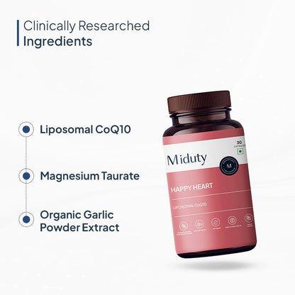 Miduty Happy Heart - Liposomal High Absorption CoQ10-300 mg With Methyl Folate, D-Chiro-Inositol, Magnesium | Helps in Blood Pressure Control & Heart Health Supplement - 30 Capsules