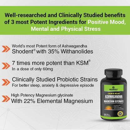 GREENDORSE Premium Shoden Ashwagandha 35% Withanolides with High grade Magnesium Glycinate & Probiotics- Calm & Relax™| For Stress Support, Calm & Relax Mind, Muscle recovery, Vitality Support - 60 Veg Capsules