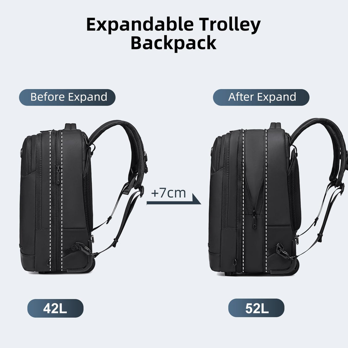Arctic Hunter Trolley Backpack Expandable 52L Multiple Pockets Business Trolley Bag with 2 Wheels Aluminum Rolling Laptop Bag Stylish Suitcase for Business Travel Water Resistant Black