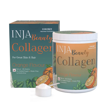 INJA Beauty Marine Collagen Powder for Women and Men, Japanese Formulation Collagen Supplement with Vitamin C, Supports Healthy Skin, Hair, Joints, Muscles, Sugar-Free, Gluten-Free, Orange Flavor, 125 gm