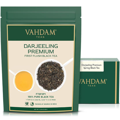VAHDAM, First Flush Darjeeling Tea - (100g) | Loose Leaf Black Tea - Flowery, Aromatic & Delicious | Champagne Of Teas | Mellow & Fragrant | Direct From India | Vacuum Sealed
