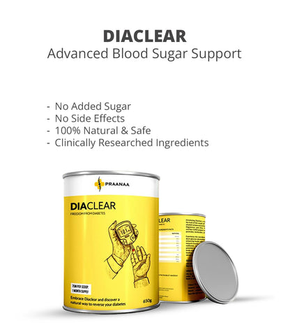 Praanaa Health Care Diaclear | Diabetes Support Supplement for Blood Sugar Control | Insulin Resistance and Glucose Metabolism | Doctor Formulated with 5 Plant Extracts (Pack of 1)