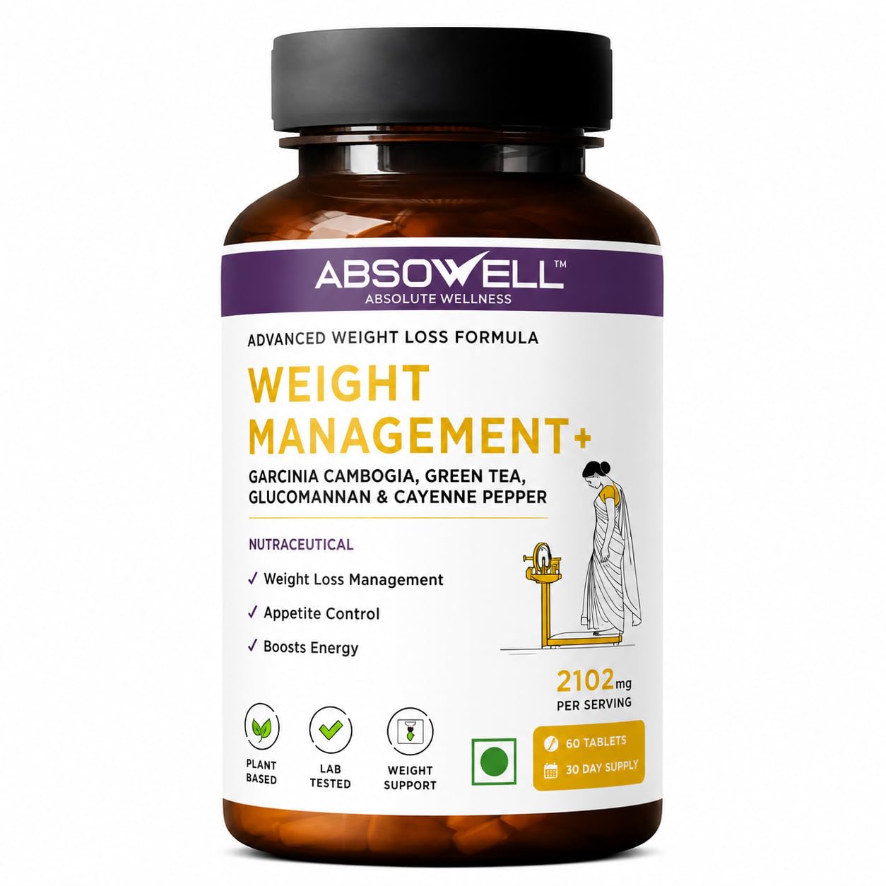 Absowell Weight Management Tablets [60 Capsules] – Garcinia Cambogia, Glucomannan & Plant-Based Ingredients | Supports Appetite Control, Metabolism & Healthy Weight Management | Herbal Dietary Supplement