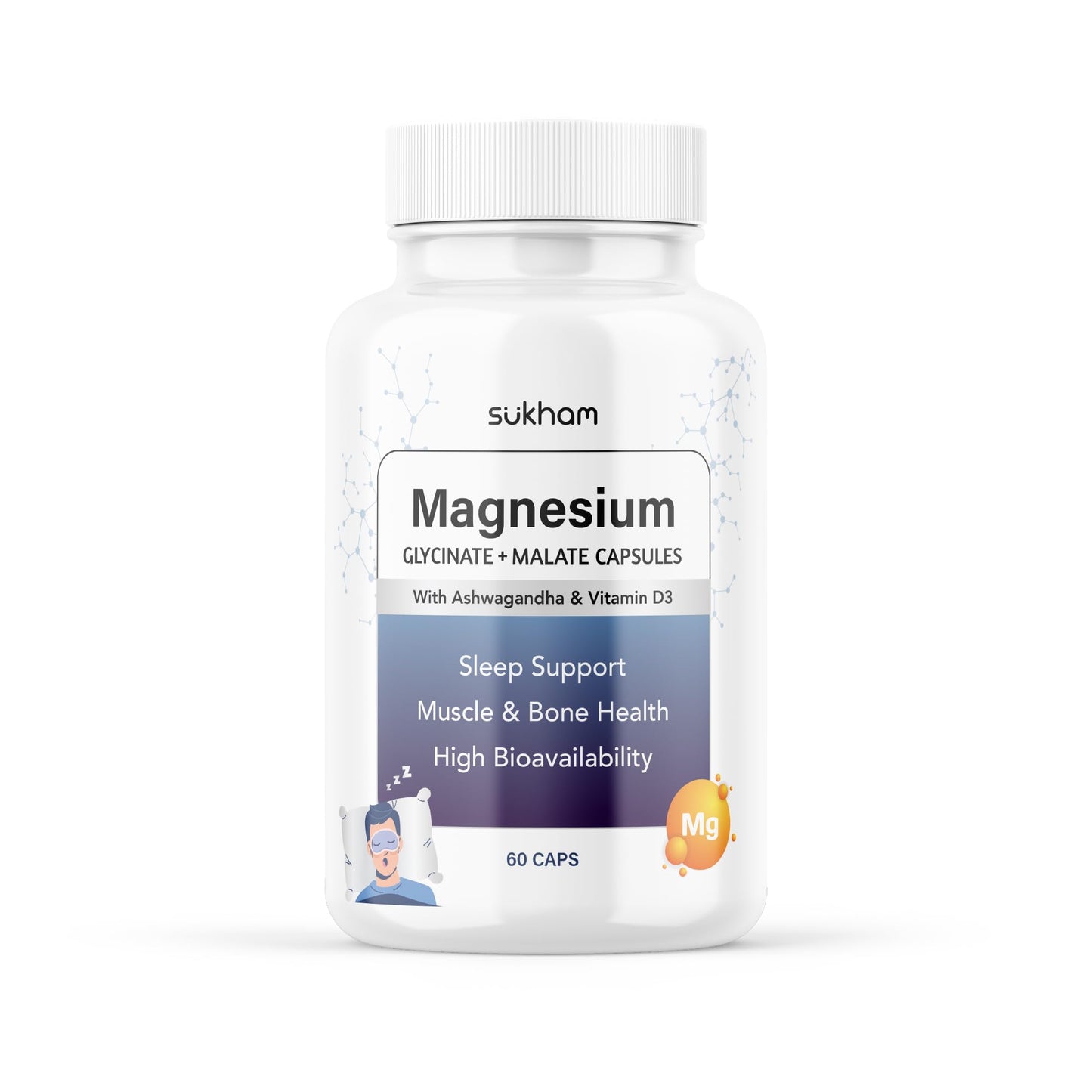 Sukham Magnesium Glycinate + Malate Capsules | 60 caps - 30 days | High Absorption Supplement | Helps with Better Sleep, Muscle & Bone Health | With Ashwagandha and Vitamin D3 | For Men & Women