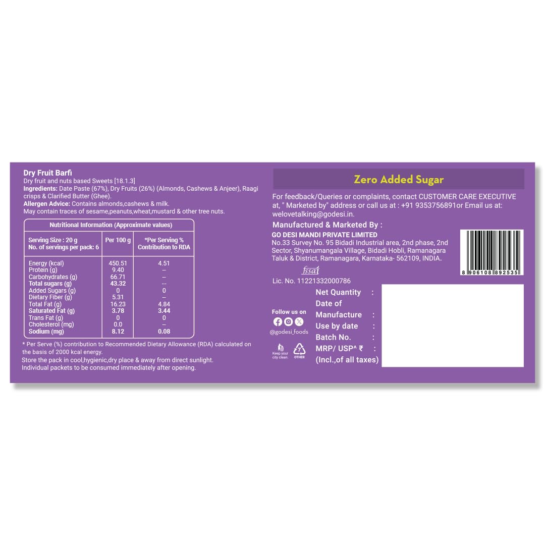 GO DESi Dates Dry Fruit Barfi - Pack of 6 | 93% Dry Fruits | No Added Sugar | Sweets | Burfi