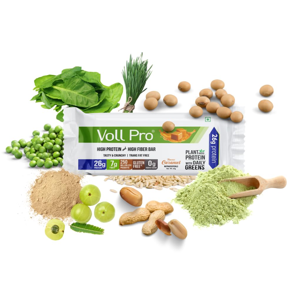 Voll Pro Plant Protein Bar with Daily Greens - High Protein 26g, Fiber 7g, 0g Sugar - Crunchy, Delicious Nutrient-Rich Protein Bars, 65g Bar (Pack of 3)