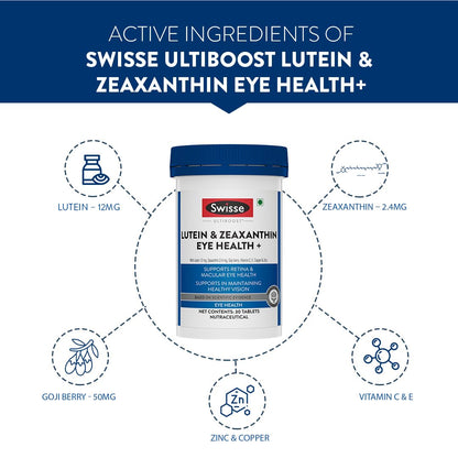 Swisse Eye Health+ with Lutein & Zeaxanthin (Manufactured in Australia) Supports Healthy Vision, Reduces Digital Strain & Fatigue From High Screen Time - 30 Tablets