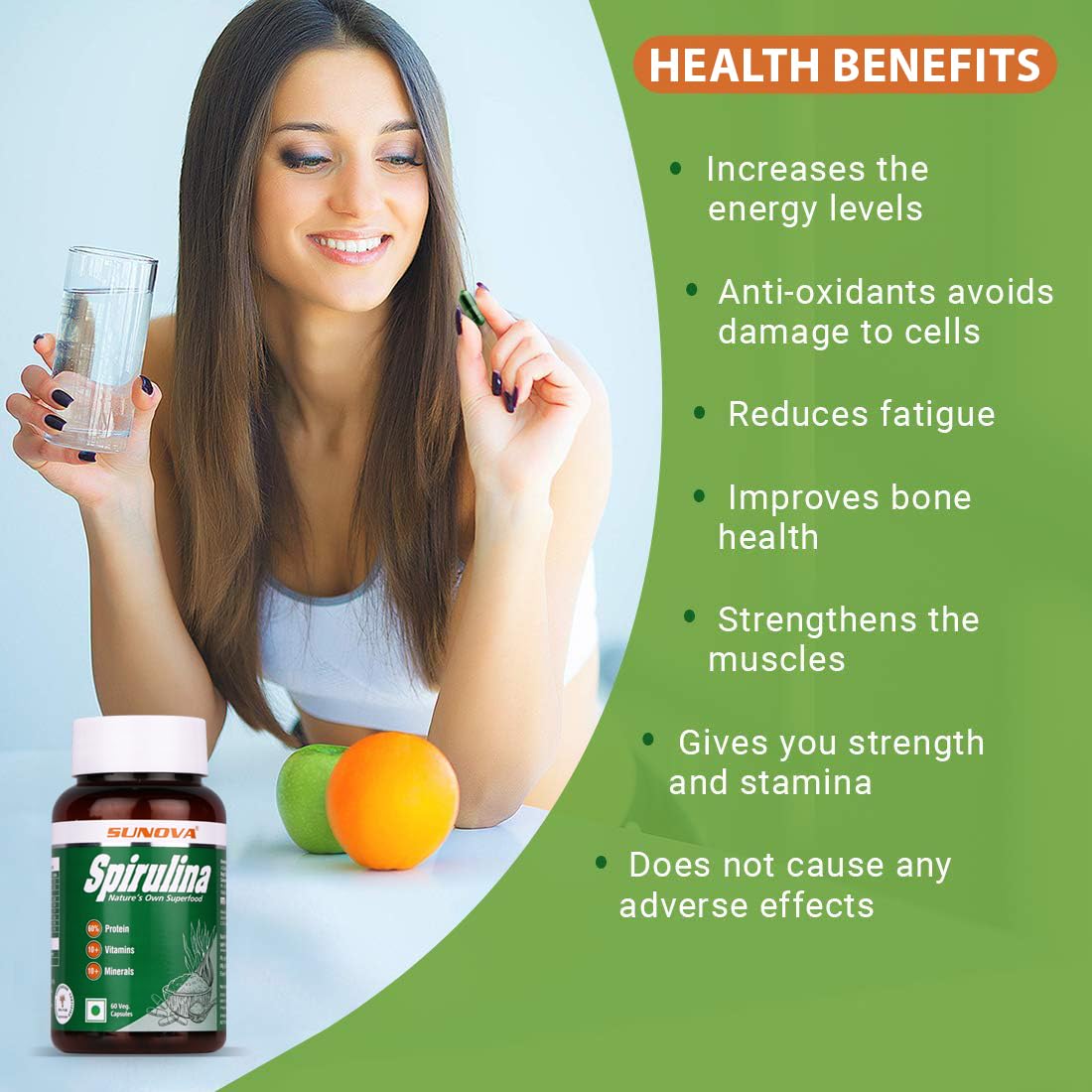 SUNOVA Organic Spirulina Capsules - Nature's Own Superfood and Nutritional Supplement, Spirulina for Full Body Support - 60 Capsules x Pack of 3