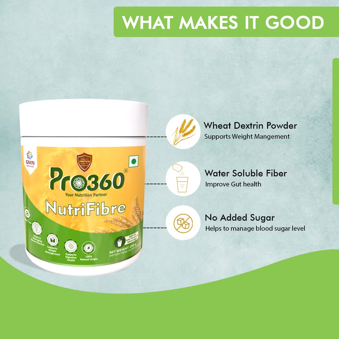Pro360 NutriFibre Plant-Based Fiber Supplement Powder| 250g Water Soluble Prebiotic Fibre Supplement| Dietary Fiber for Digestive, Gut Health & Weight Management