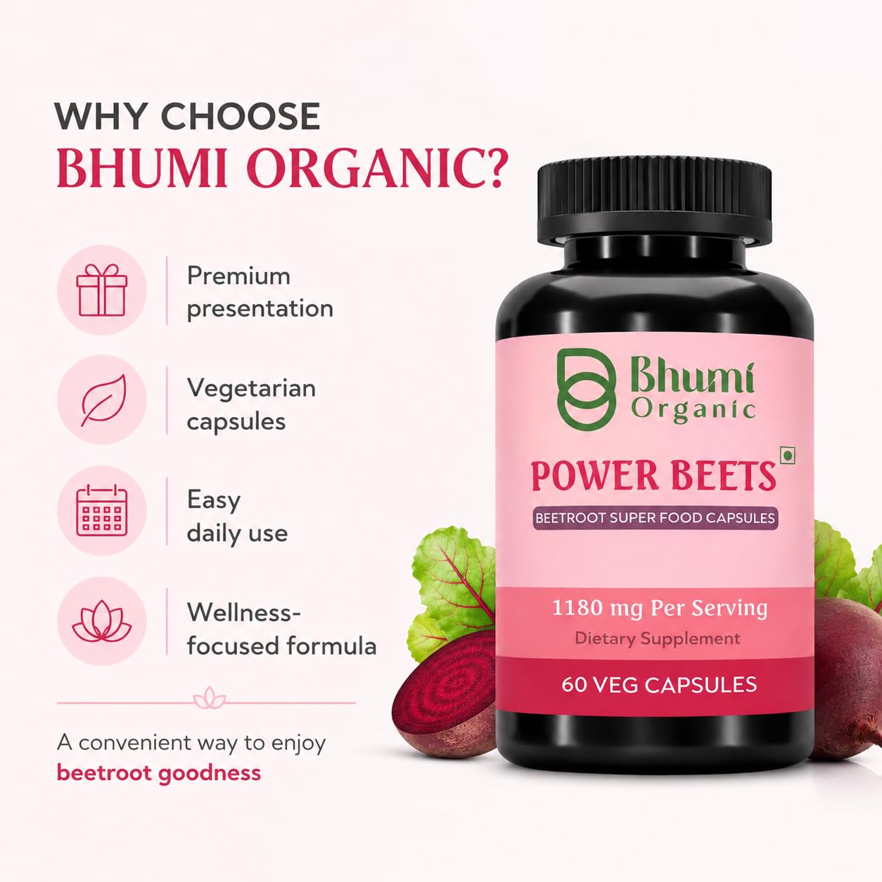 Bhumi Organic Power Beets Supplement 1180mg 60 Veg Capsules