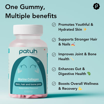 PATUH HEALTHCARE Marine Collagen Gummies for Skin, Hair & Bone Joint | Marine Collagen Supplements Women & Men | Reduces Signs of Aging (Pack of 1, Standard)