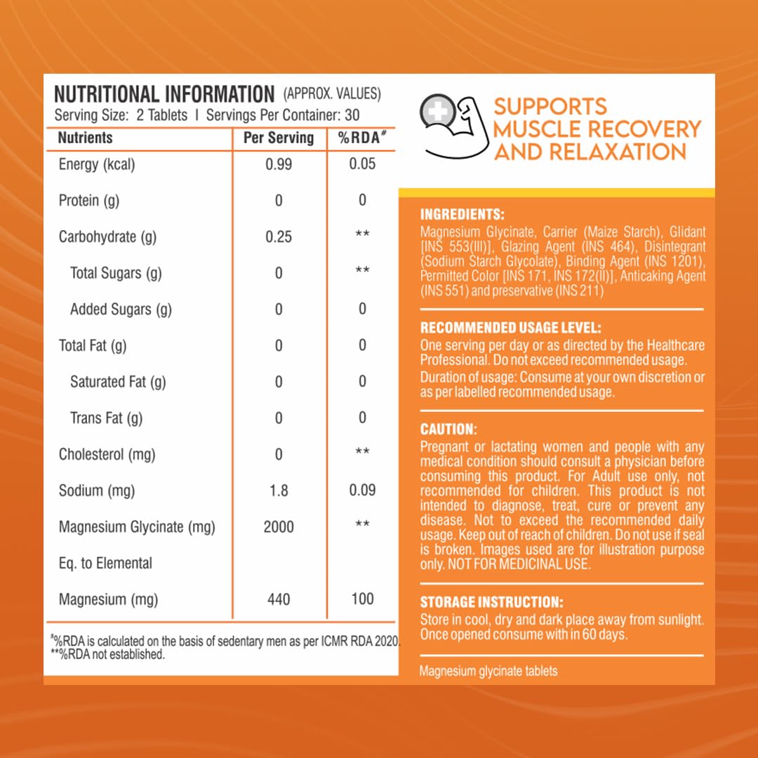 Healthfarm Chelated Magnesium Glycinate 2000mg Tablets | High Absorption Formula | Muscle Recovery Support | 60 Tabs