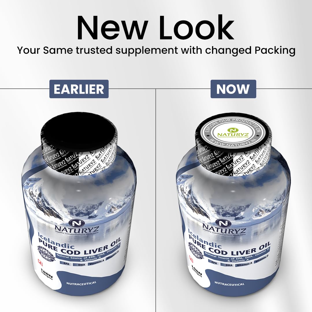 Naturyz Imported Icelandic COD Liver Oil Capsules with Natural Omega 3 (EPA & DHA), Rich in Vitamin D & A, Mercury Free, Immunity, Skin, Eye, Muscle & Joint Health Softgels, 100 Count, Pack of 1