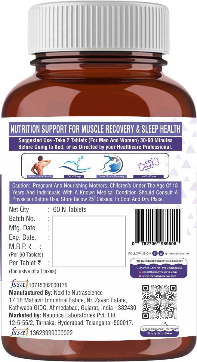 The Body Reserve Magnesium Glycinate Supplement - 60 Veg Tablets, 1100mg Per Serving, High Absorption Chelated Form - Muscle & Nerve Health, Relaxation for Men & Women