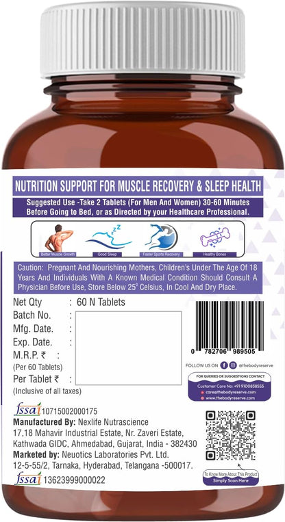 The Body Reserve Magnesium Glycinate Supplement - 60 Veg Tablets, 1100mg Per Serving, High Absorption Chelated Form - Muscle & Nerve Health, Relaxation for Men & Women