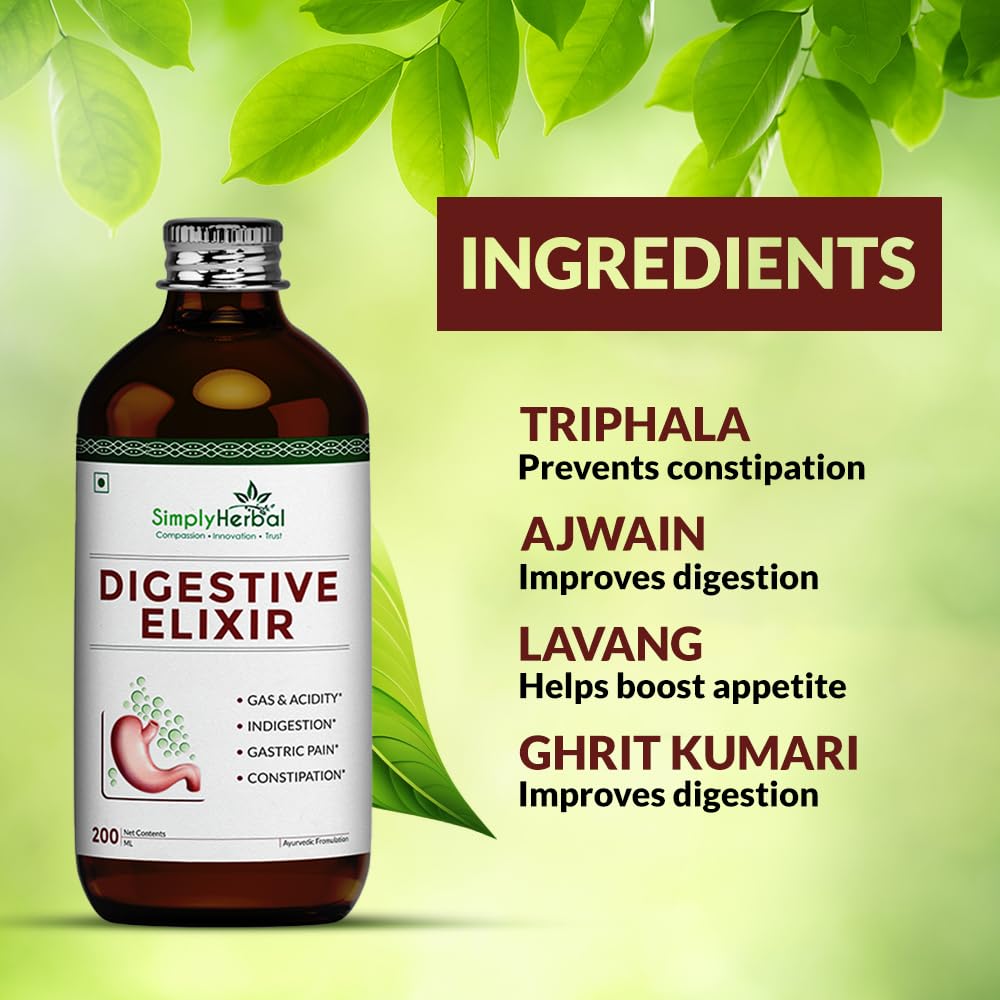 Simply Herbal Ayurvedic Digestive Elixir Syrup Tonic Enriched With 37 Digestion Enzymes Supplement for Gas & Acidity, Constipation, Bloating, and Improve Immune System - Pack of 1 (200ml Each)