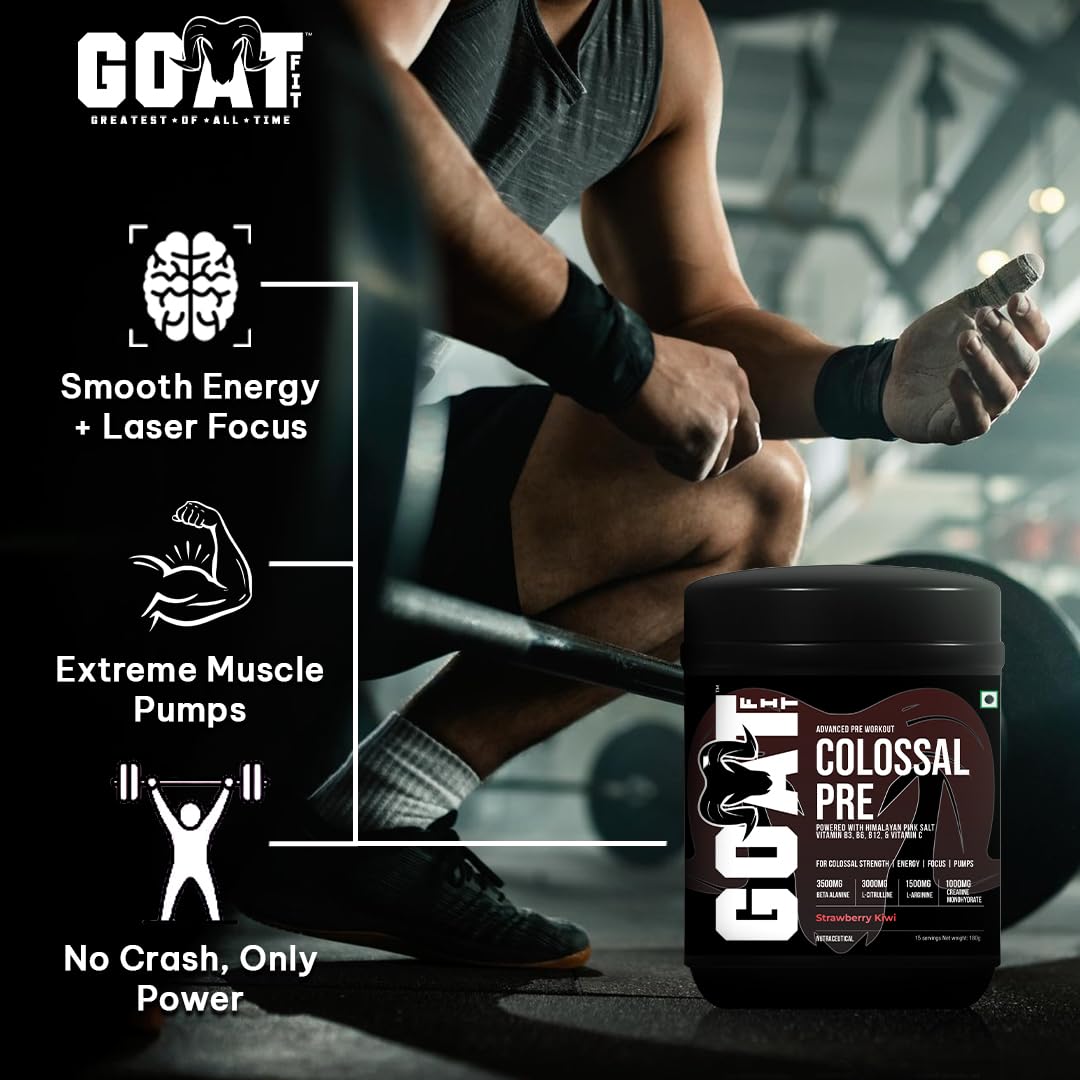 GOAT Fit Colossal Pre | PreWorkout Powder 200mg Caffeine 3.5g Beta-Alanine 3g Citrulline 1.5g Arginine 1g Creatine with Himalayan Pink Salt (12gm Single Serving, Masala Lemonade)