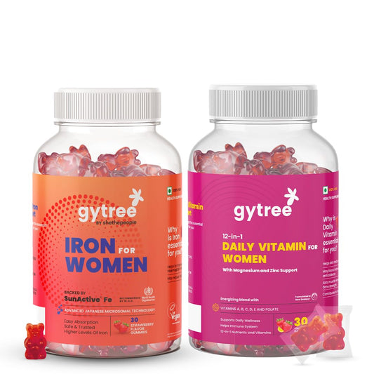 Gytree Iron & Multivitamin Gummies for Women | SunActive Fe for Haemoglobin & Immunity | Vitamins C, D, E, B12, Magnesium & Zinc for Bone, Muscle & Skin Health | Pregnancy Safe | 30+30 Packs