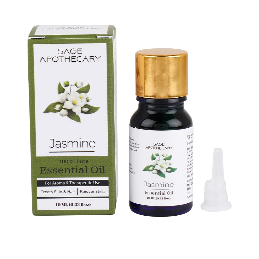 Sage Apothecary Jasmine Essential Oil 100% Pure & Natural for Healthy Skin Care, Face, helps Hair Growth, Diffuser Aromatherapy Fragrance & Massage, Stress Relief -10ml