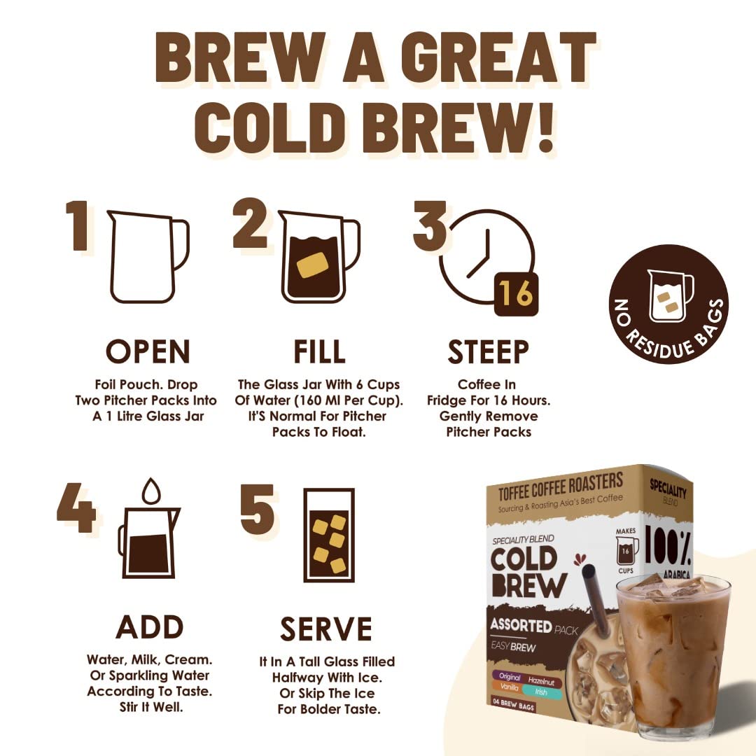 Toffee Coffee Roasters | Assorted Cold Brew Bags| As Seen On Shark Tank | Easy Brew Cold Brew Coffee | Pack of 4 Bags | 100% Arabica Grounded Coffe | Makes 16 Cups