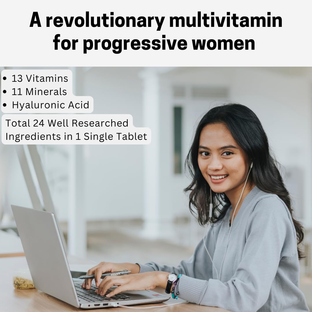 NUTRISROT̖ Complete Multivitamin Supplement For Women with Hyaluronic Acid, Vitamin A, B Complex, Vitamin B12, C, D3, K2-7, Biotin, Folate| Calcium, Magnesium, Iron, Zinc, Selenium| For Skin Glow, Immunity, Energy, Bone & Brain Health (60 tabs)