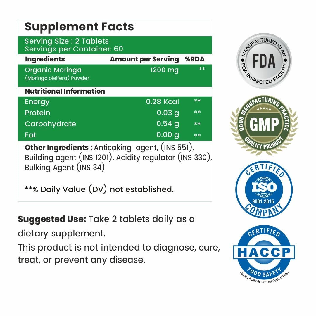 Raskam Organic Moringa Tablet with 1200mg Leaves Extract | Powder Tablets for Immunity, Digestion & Energy | Organic Leaves 120 Tablets