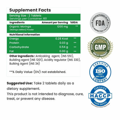 Raskam Organic Moringa Tablet with 1200mg Leaves Extract | Powder Tablets for Immunity, Digestion & Energy | Organic Leaves 120 Tablets