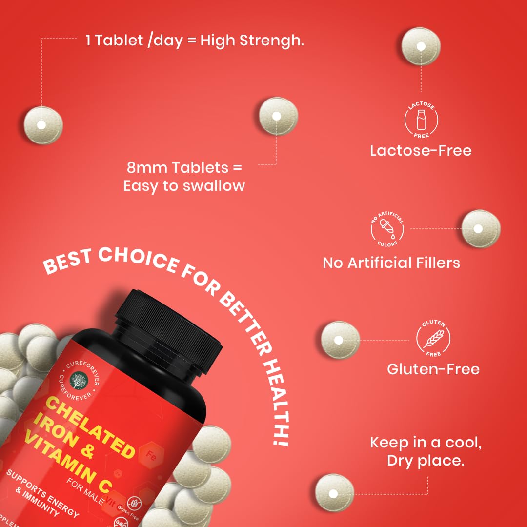 CUREFOREVER Chelated Iron & Vitamin C 60 Tablets for Men - High Absorption Iron & Vitamin C Supplements for Energy, Immunity, Skin Tiredness & Fatigue