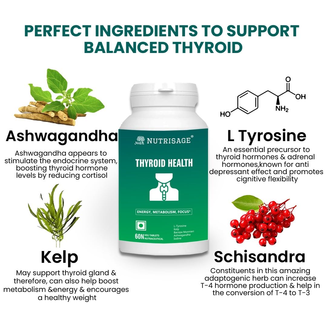 Nutrisage Thyroid Support Supplement - Energy & Focus Support Formula - Vegetarian & Non-GMO - Vitamin B12 Complex, Zinc, Selenium, Ashwagandha, Copper & More 1 Mth Supply (Pack of 1)