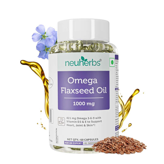 Neuherbs Veg Omega 3 1000mg- 60 Capsules| Cold Pressed Flaxseed Oil Capsule with Omega 3-6-9 For Men & Women | Total 821mg Omega3 with Vitamin D3 & E to Support Heart, Joint & Skin | Veg Capsule Shell Omega3