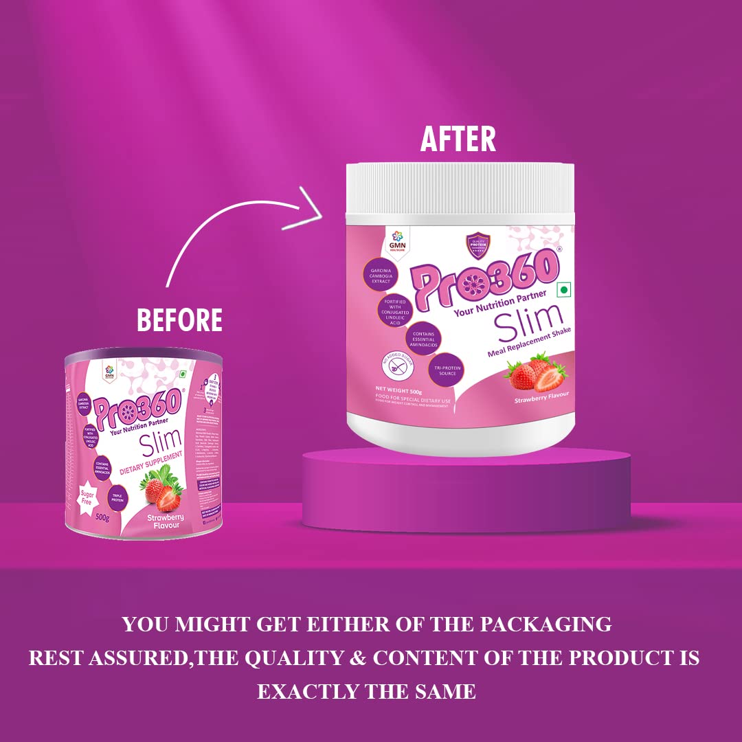 Pro360 Slim Weight Management Meal Replacement Protein Shake (Strawberry Flavour) No Added Sugar, Dietary Supplement For Men & Women, 500Gm