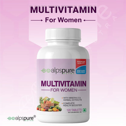 Alpspure Nutra Multivitamin for Women (120 Veg Tablets) with Minerals & Herbal Extracts suited for Women’s Health | Boosts Energy, Immunity & Skin Health | 33 Vital Ingredients including Beauty Blend